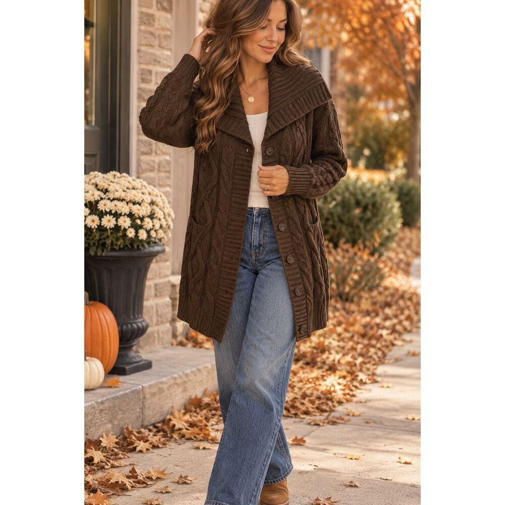 St. John’s Bay Brown Cable Knit Shawl Collar Cardigan Sweater Women’s L